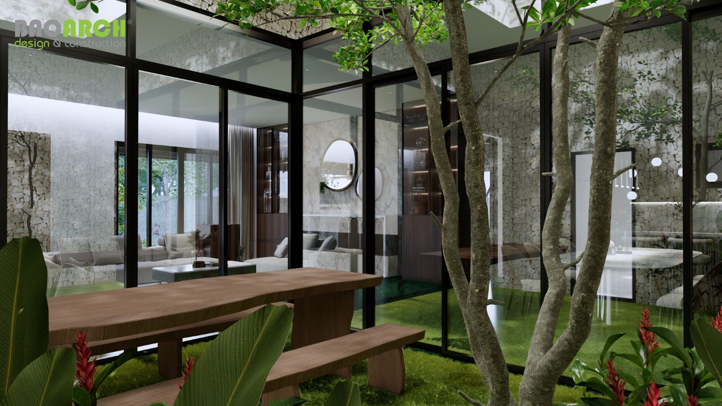 Không gian sân vườn được phủ màu xanh của thiên nhiên